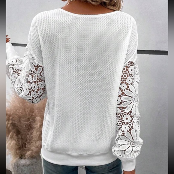 Classic Elegant Sheer Mesh Lace Waffle Knit Long Sleeve Top Shirt - Picture 7 of 11